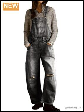 Baggy Denim Overalls Distressed Wide Leg Barrel Jeans Adjustable Strap